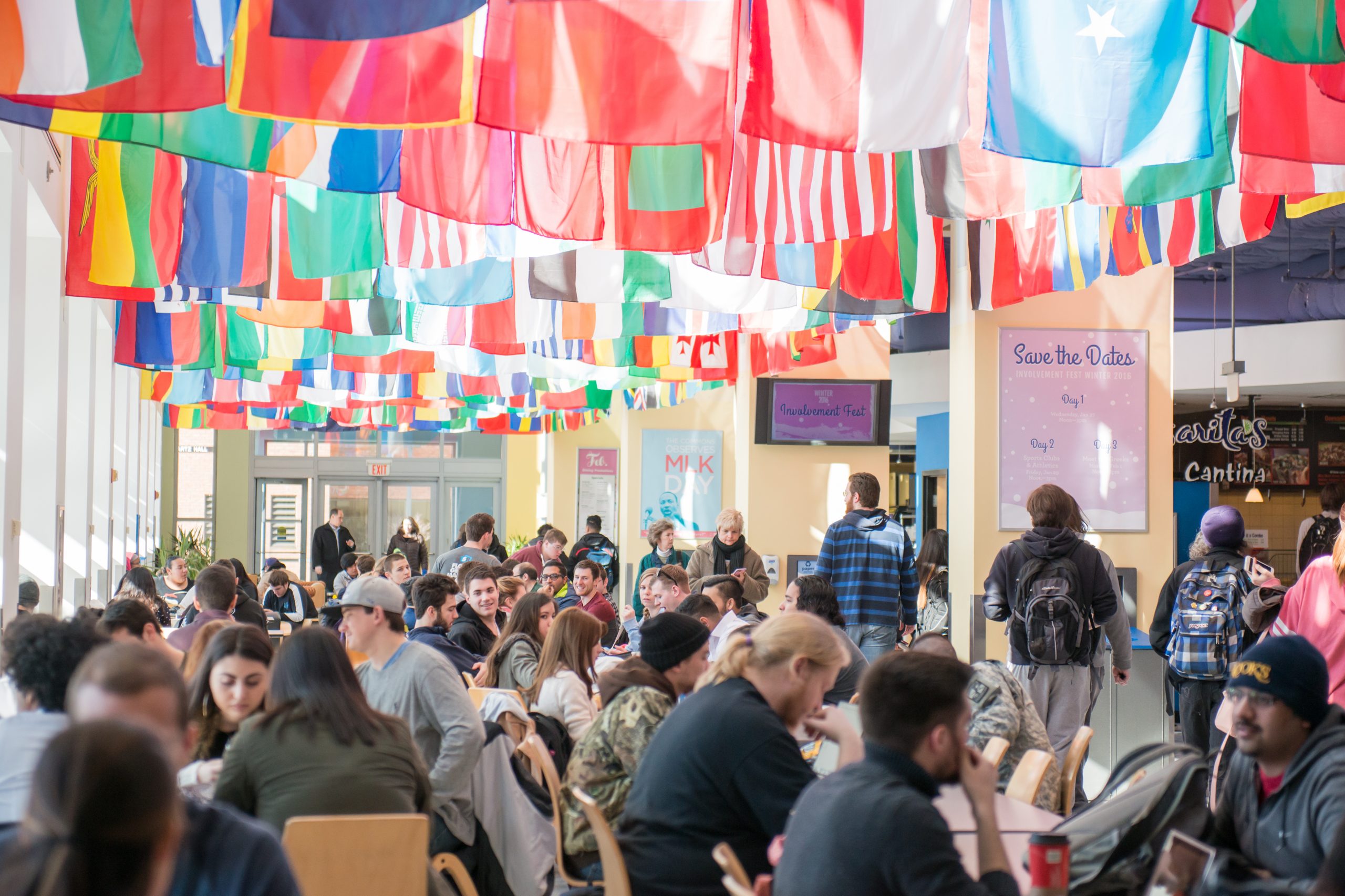 students sitting below international flags in the commons 