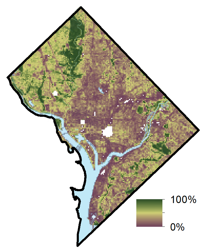 Pixelated aerial image of Washington, DC with shades of green and brown representing percentage of canopy cover.