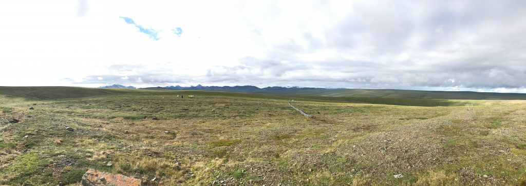 Flat green tundra with mountains in far distance. Skinny trail winds across tundra; research equipment barely visible at a distance.