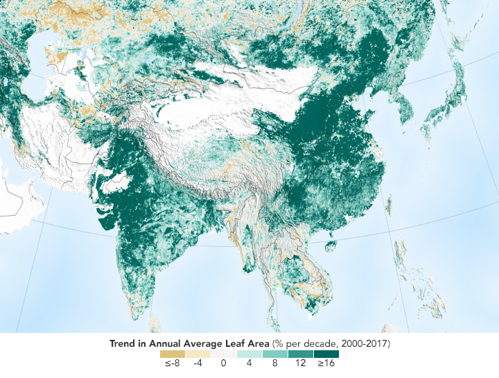 Computer-generated map of southern Asia, colored from dark green to tan based on how much the vegetation level has changed from 2000 - 2017. Dark green patches in eastern China and western India.