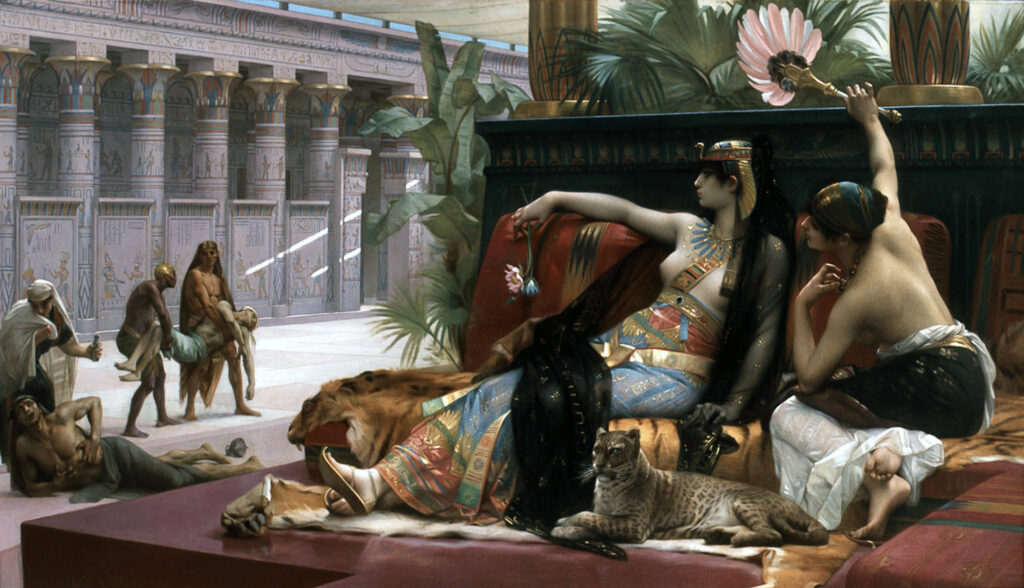 Romantic painting of Cleopatra testing poison on prisoners