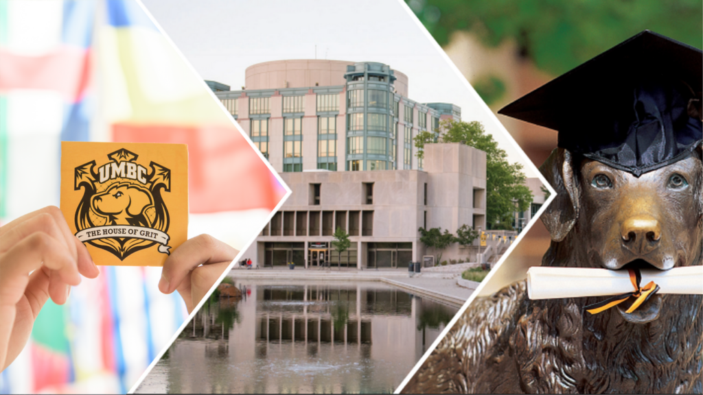 Three-part image: Hands holding up a UMBC sticker, a photo of the library, and our mascot statue dressed in a cap and gown, with a diploma in his mouth.