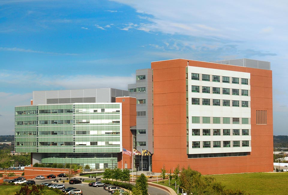 Large office building, with Baltimore, Maryland and US flags in front