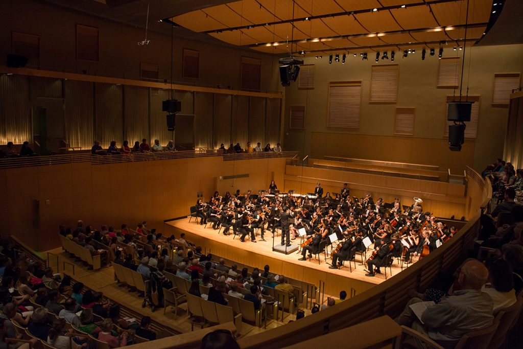 A symphony orchestra performs on stage in a concert hall