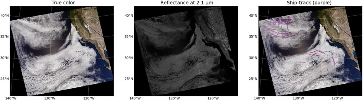 grayscale image of swirlin clouds; righthand panel includes purple lines indicating ship tracks