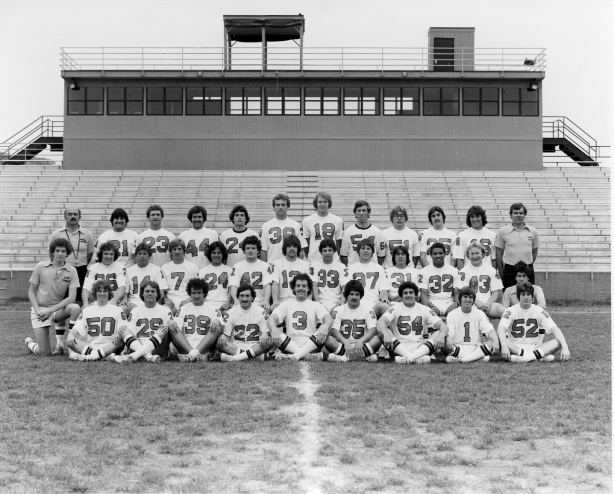 a 1980s men's lacrosse team poses on the field