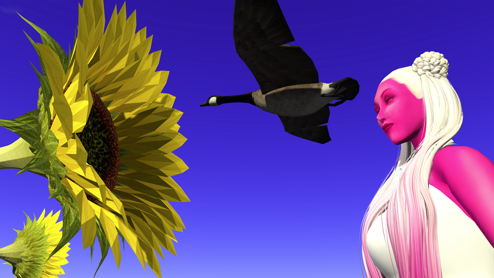 An image created in a virtual environment with a sunflower on the left, a goose in the middle, and a purple-skinned woman with white hair on the right