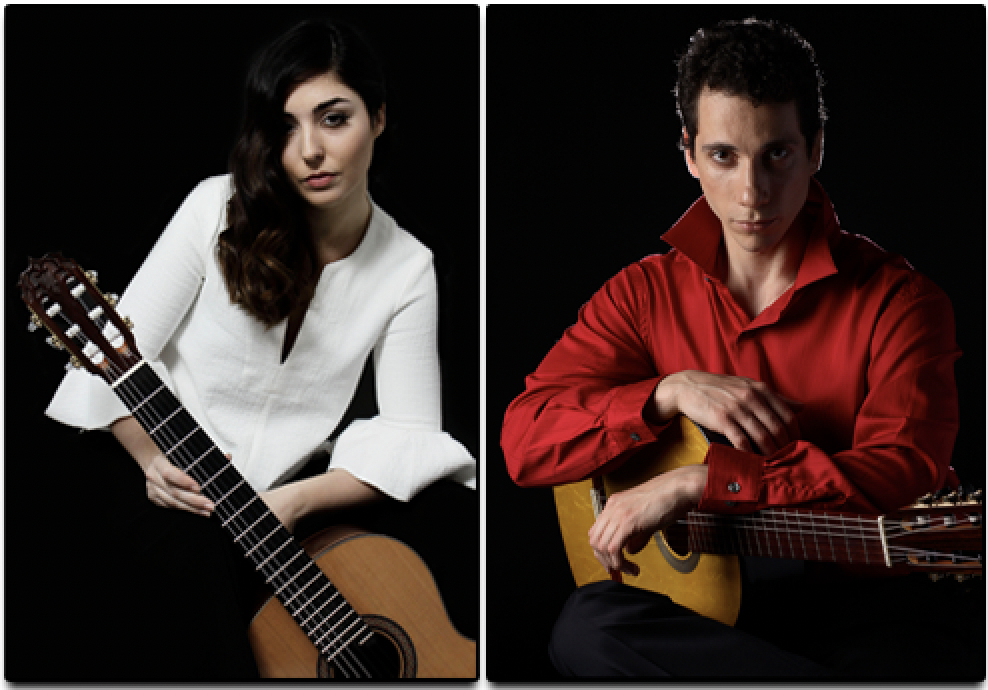 A woman and a man hold classical guitars. She wears a white top; he wears a red shirt.