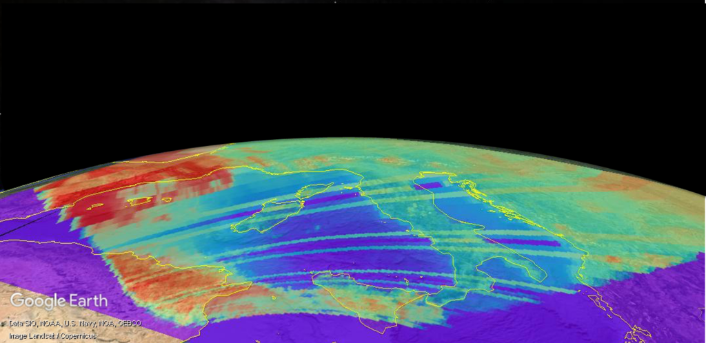 an image of part of the Earth's surface, with horizontal stripes and patches of bright colors