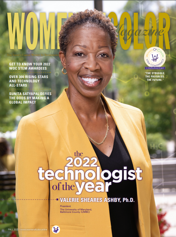 Magazine cover of smiling woman in black dress and yellow blazer. Cover reads "The 2022 Technologist of the Year Valerie Sheares Ashby, Ph.D."