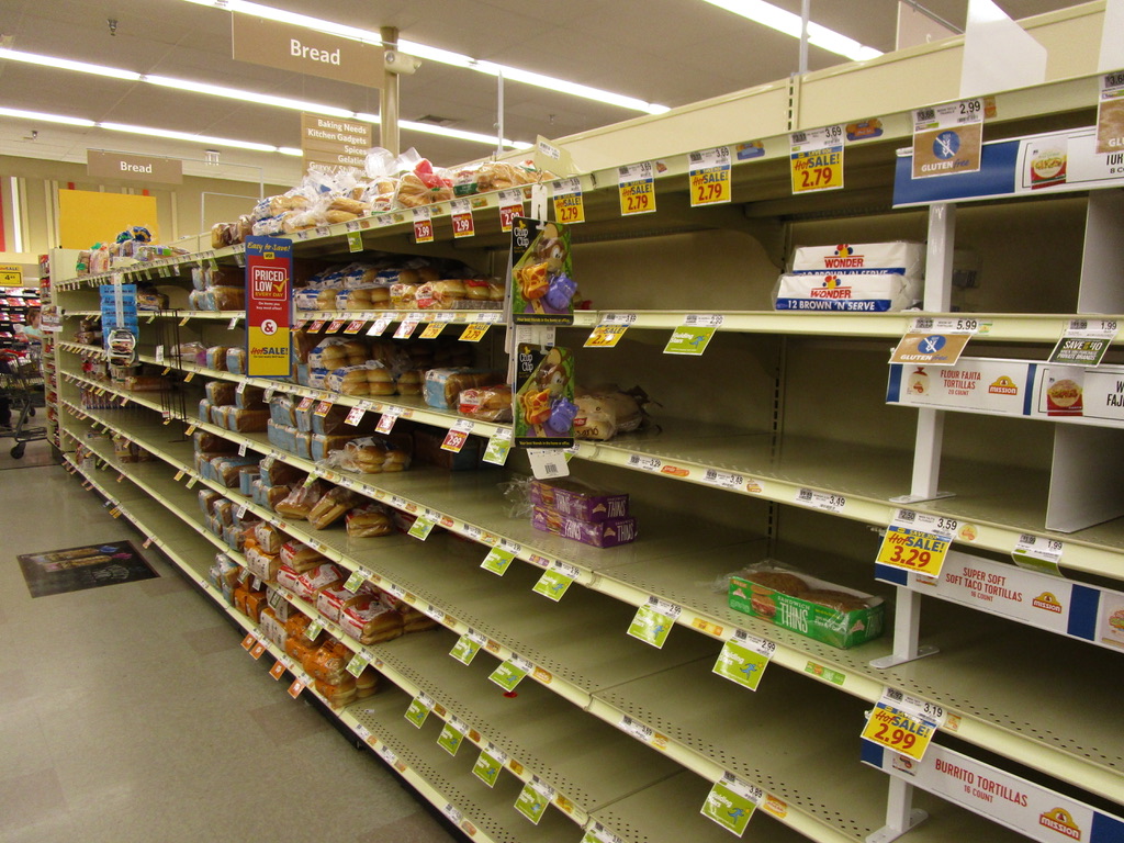 Scarce bread products on grocery store shelves.