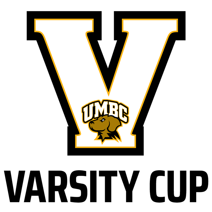 Logo of UMBC Varsity Cup, featuring the athletics retriever logo within a large letter "V".