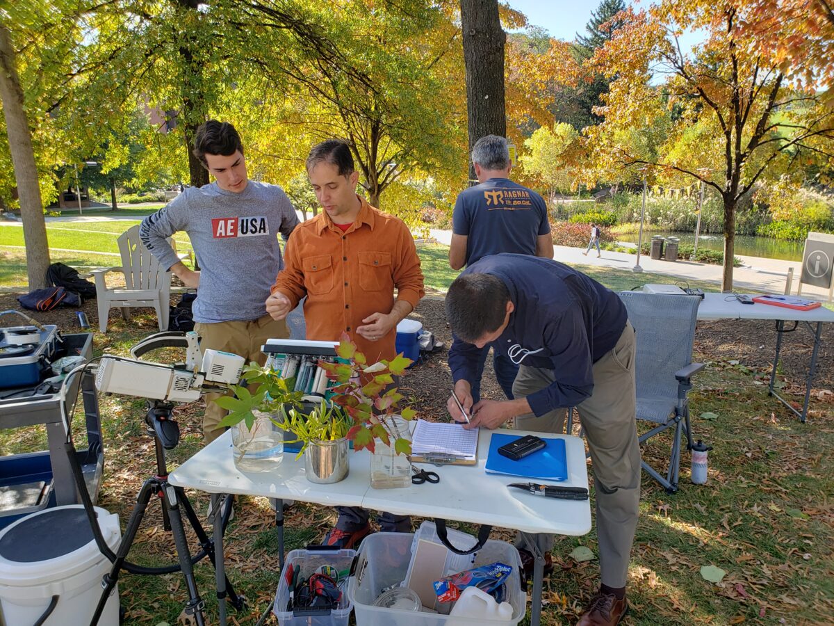 Four researchers are standing around a folding table. One is taking notes. One is talking to the other. Three jars sit on the table, each containing a small clipping from a tree. UMBC Library Pond and fall foliage in the background.