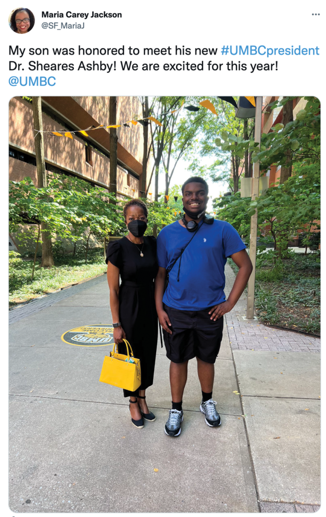 Screenshot of a tweet showing the president of UMBC with a male student. It reads "My son was honored to meet his new #UMBCpresident Dr. Sheares Ashby! We are excited for this year! @UMBC"