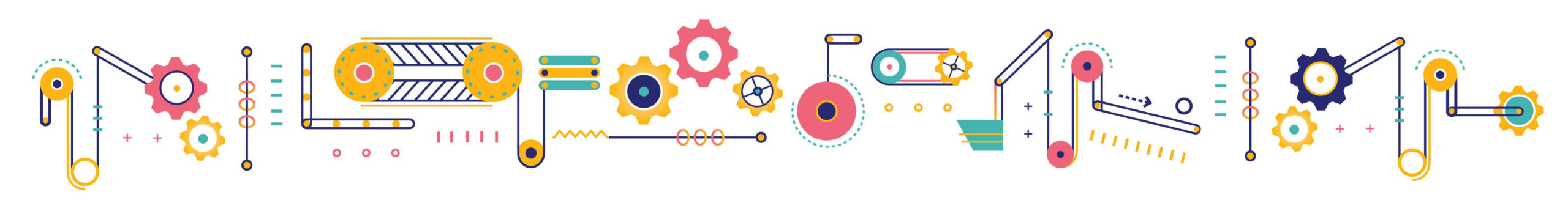 A colorfully illustrated design in bright teals, yellows, and pinks, that show interconnected gears and pulleys leading to a lightbulb.