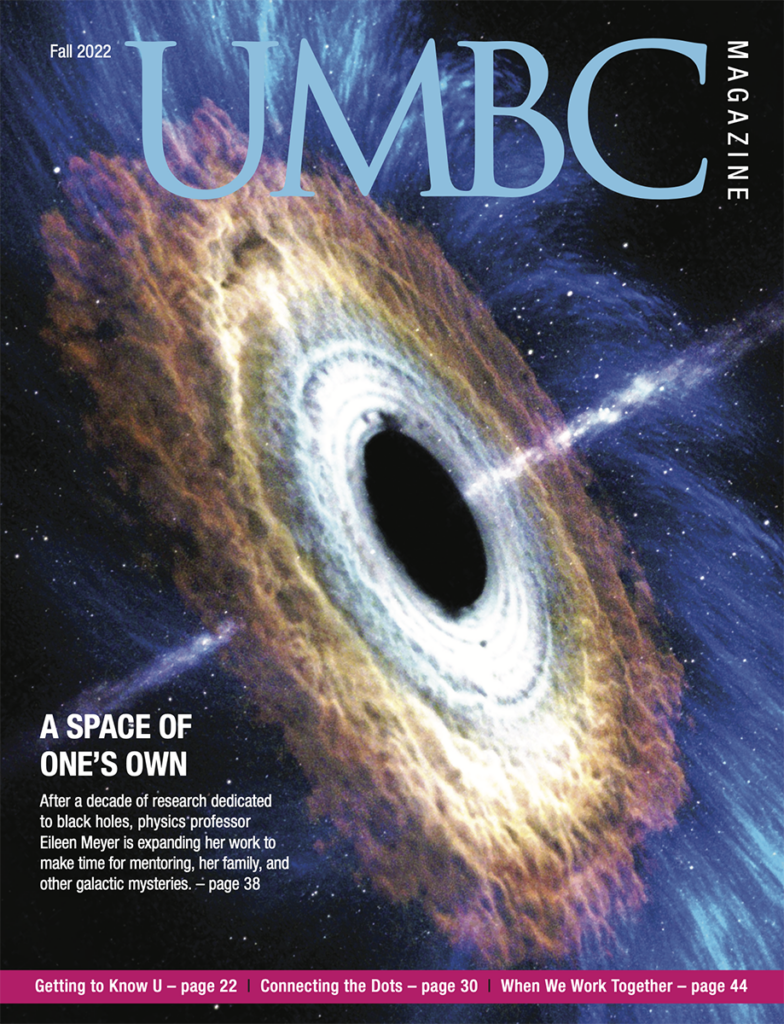 UMBC's Fall 2022 Magazine cover, featuring a black hole in outerspace.