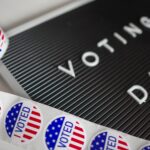 I voted stickers lay next to a board that says Voting Day