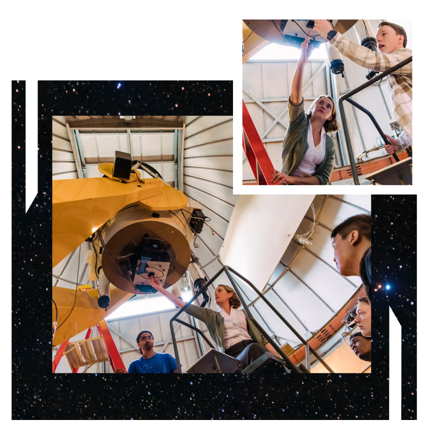 A professor in a white shirt and green sweater stands on a ladder while showing students parts of a giant telescope