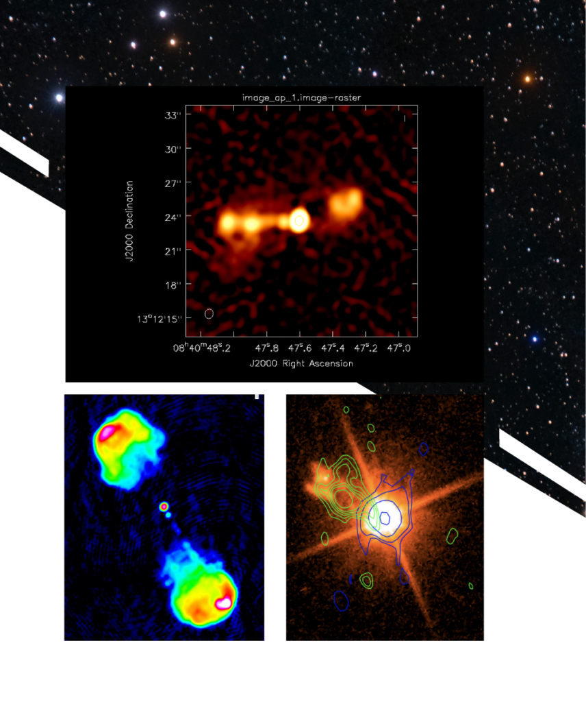 Top: Image using radio waves to visualize a faint jet of plasma (extending to the upper right), powered by a super-massive black hole (the bright white circle). Bottom right: Galaxy 3C 186, where Meyer and colleagues found a black hole that had been “kicked” out of the center of the galaxy. The black hole (blue lines/bright white area) is offset from its galaxy’s center (green lines). Bottom left: The red dot at the center represents a black hole. The rainbow blobs in either corner represent regions where intense radiation is being emitted. The entire image is about 1 million light-years across, and the galaxy is about 6 billion light-years from Earth.