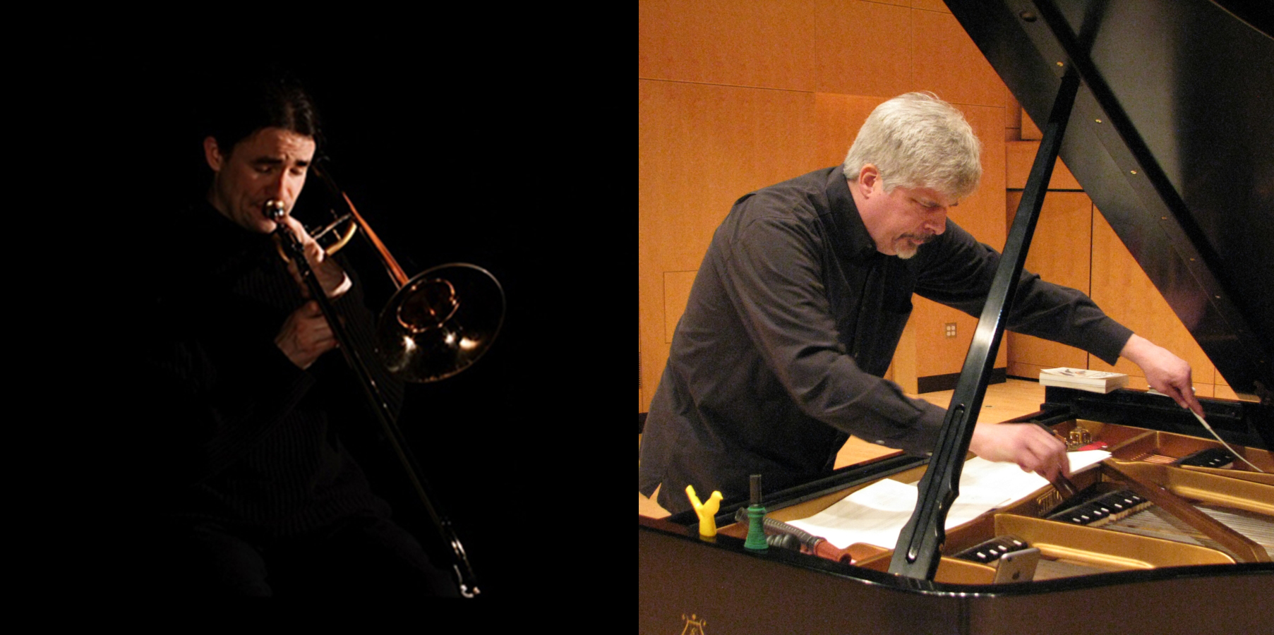 On the left, a man shrouded in darkness plays a trombone. On the right, a man with grey hair is reaching into the interior of a piano.