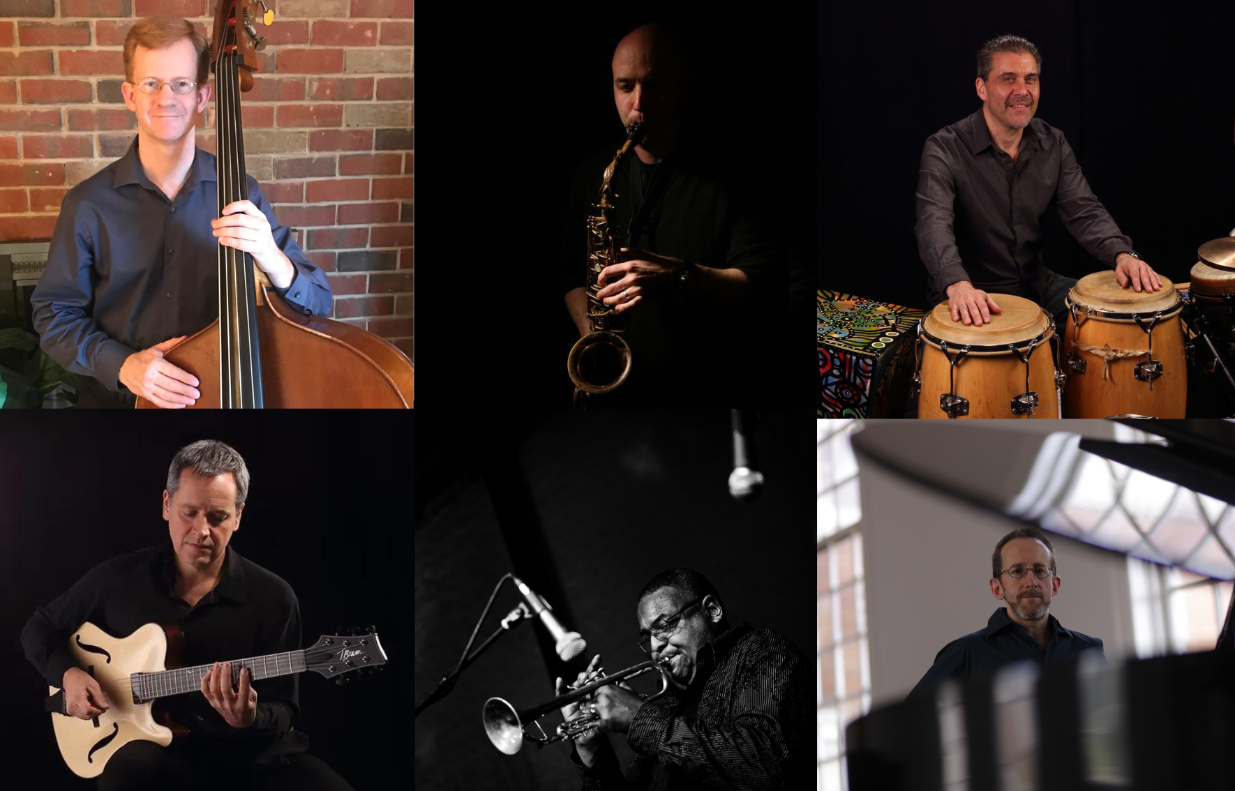 In a collage of six different images, musicians pose with bass, saxophone, drums, guitar, trumpet, and piano