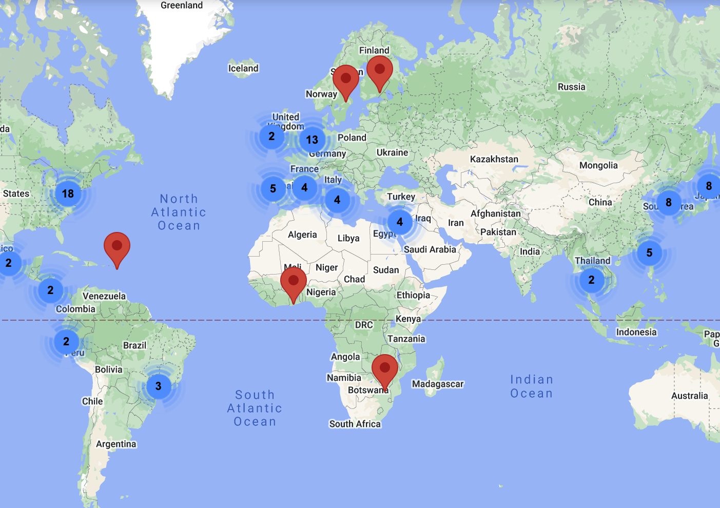 World map of UMBC's global partnerships, including locations in Europe, South America, East Asia, and South Africa.
