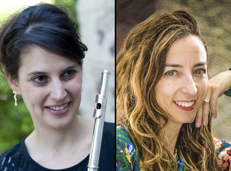 In side-by-side images, two white women are smiling. The one on the left has black hair and holds a flute; the one on the right has long brown hair.