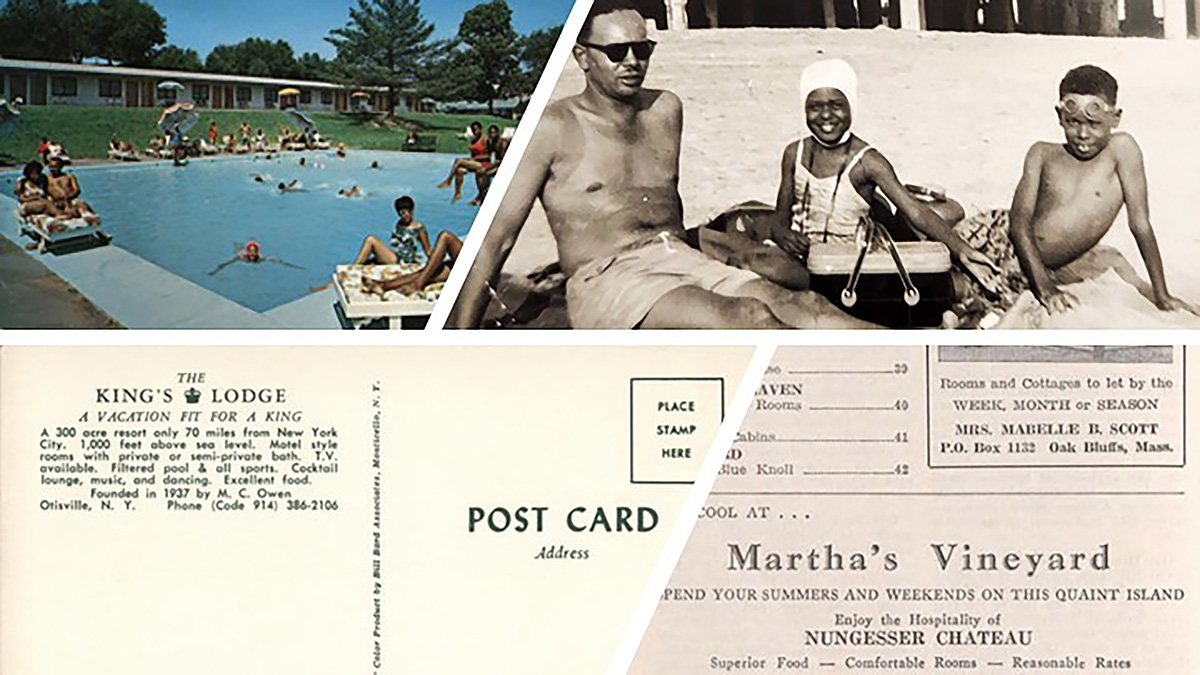 A postcard from the 1950s showing color and black and white photos of African American families at the beach.