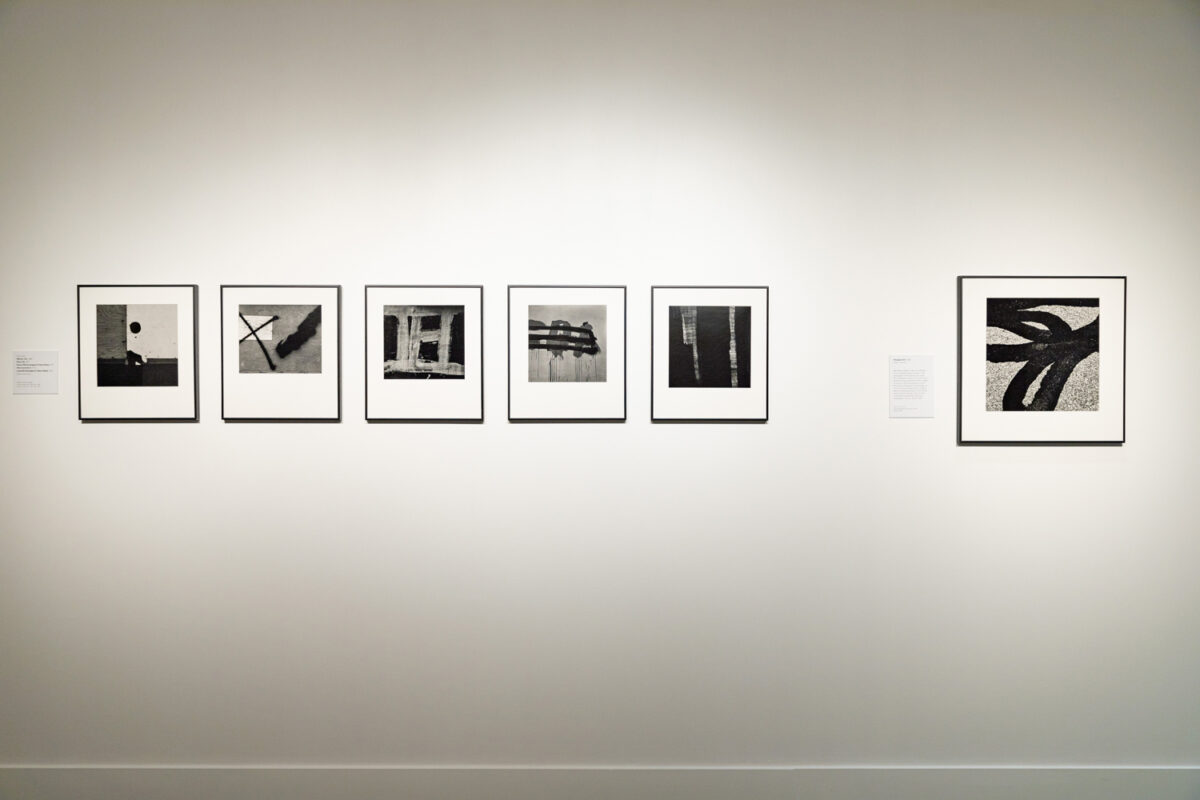 six black and white photographs on an exhibit wall