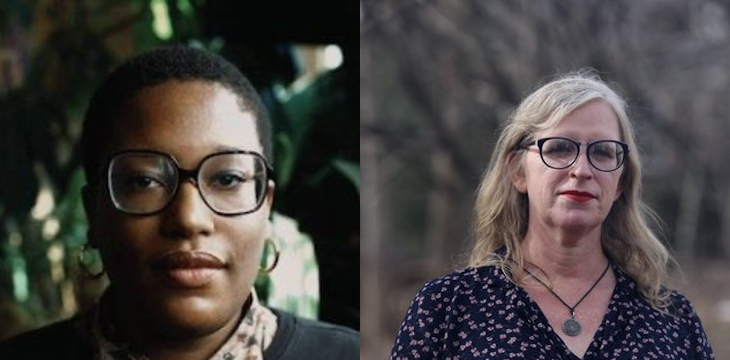 In side-by-side images, a Black woman and a white woman, both wearing glasses, look at the camera