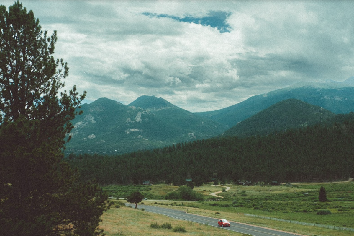 A scenic view with mountains and trees