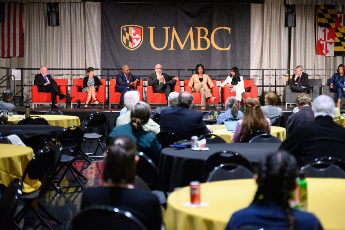 Panelist sitting on stage at UMBC and Maryland Matter's climate summit on May 10, 2023 at UMBC's University Center Ballroom. (Abnet Shiferaw for UMBC)