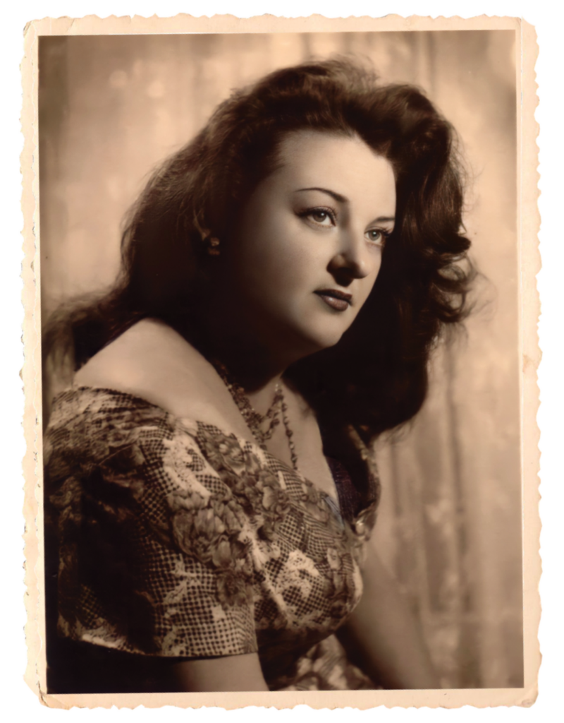 A sepia photo of a woman with thick dark hair, part of a personal narrative book by Rosenthal
    