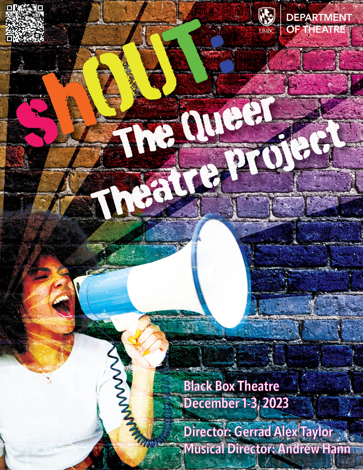 A promotional poster says shOUT: The Queer Theatre Project
