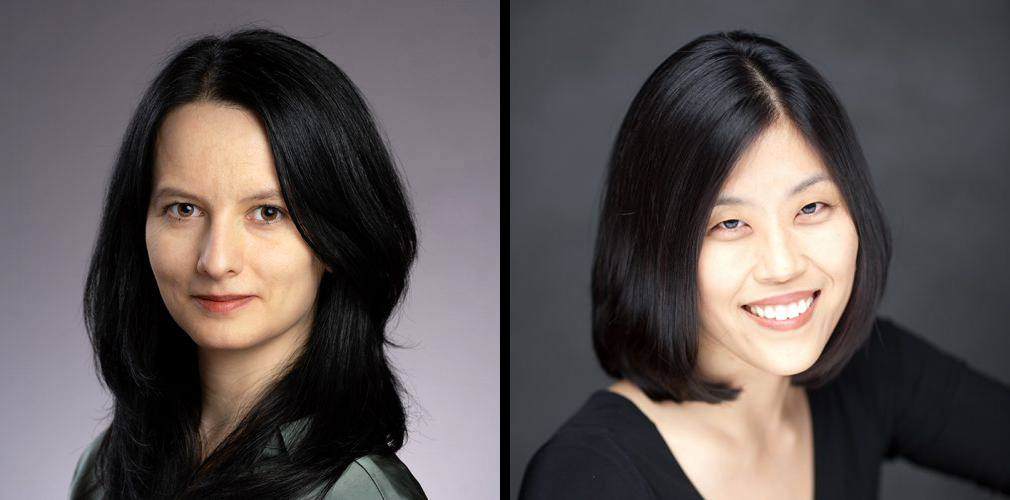 Side by side photos of two women, both with dark hair