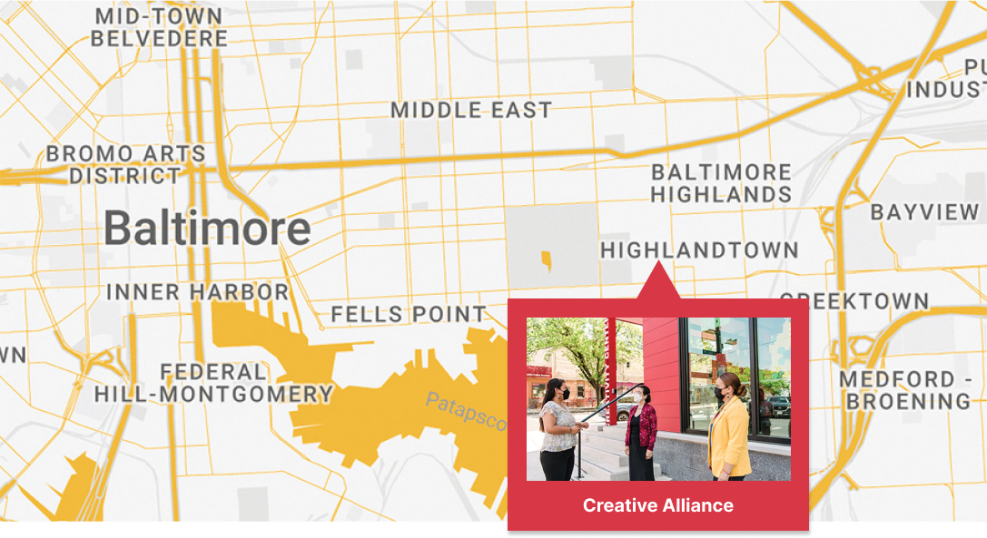 Map of Baltimore, Maryland with a callout of Creative Alliance in Highlandtown. the researchers pictures focus on shared stories in their work.