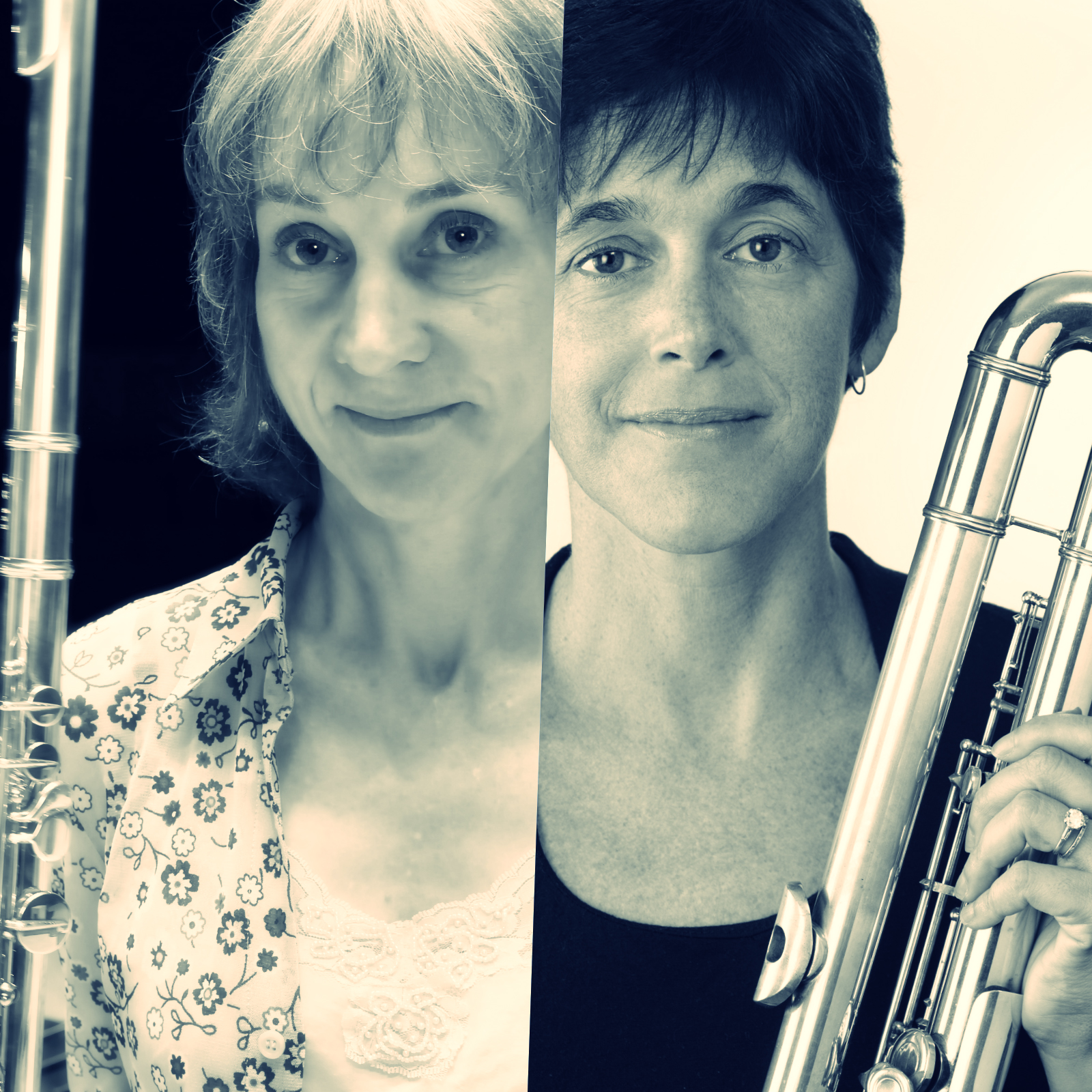 In side by side monochromatic images, two women hold flutes