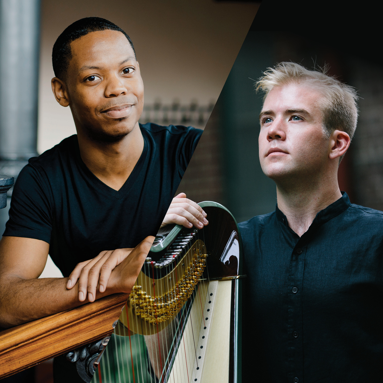 On the left, a Black man smiles at the camera. On the right, a white man poses with a harp.