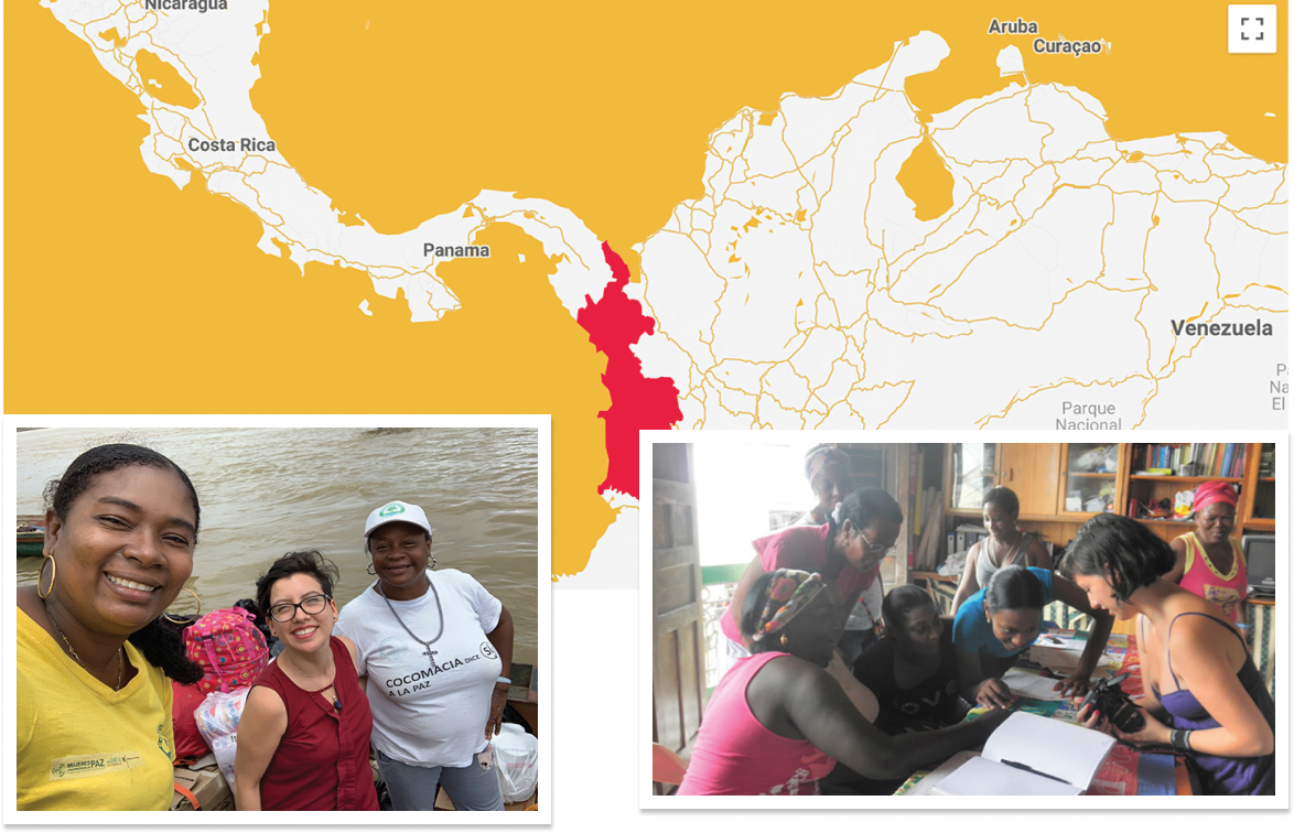 At left:  Lizarazo (center) meets with community journalist Lucely Rivas (left) and Gender Commissioner Julia Susana Mena Becerra at the Atrato River. At right: Working with partners on the Mujeres Pacíficas project at the Gender Commission’s office in downtown Quibdó in 2013. Pictured (l-r): Rubiela Cuesta Córdoba, María del Socorro Mosquera Pérez, Yenny Palacios Romaña, Carmen Aides Navia Mena, Banessa Rivas López (in blue), Luz Adonis Mena Becerra and Ana Rosa Heredia Cuesta. Photos courtesy of Lizarazo.