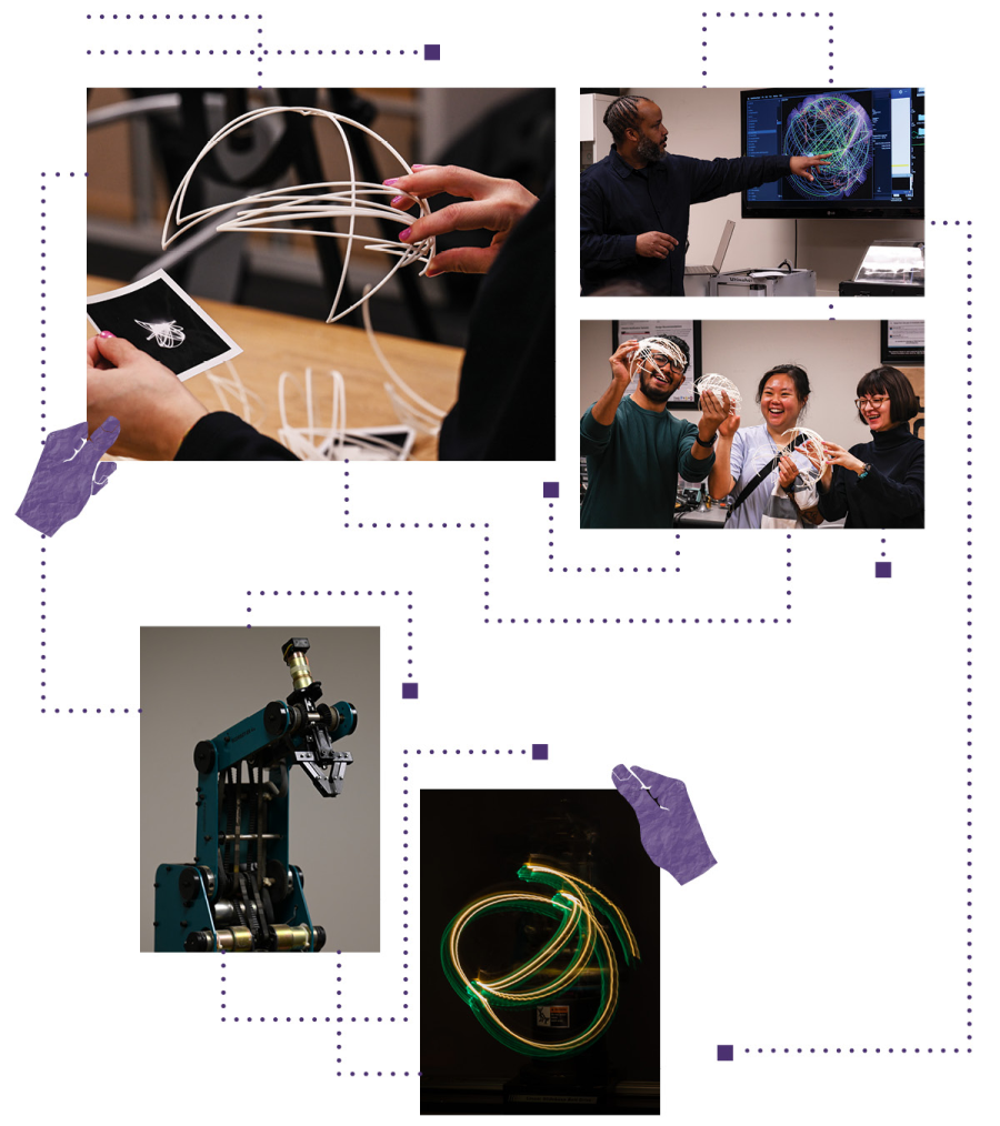 Graphic visual featuring photos of people interacting with futuristic devices, such as a microscopic device, and headsets. Part of a feature called Open to Interpretation.