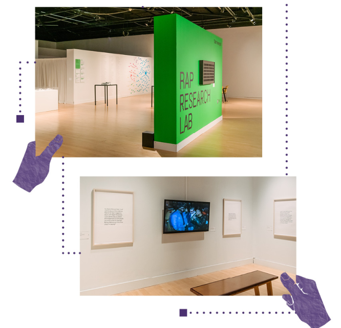 Graphic visual with a photo of a gallery space with a bright green wall, and another wall with a monitor and frames.