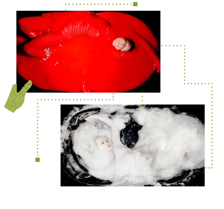 Visual graphic featuring two conceptual images. One is of a person dressed in red, leaning into a tub of red liquid. Another person dressed in all white lays in a tub of white foamy bubbles.