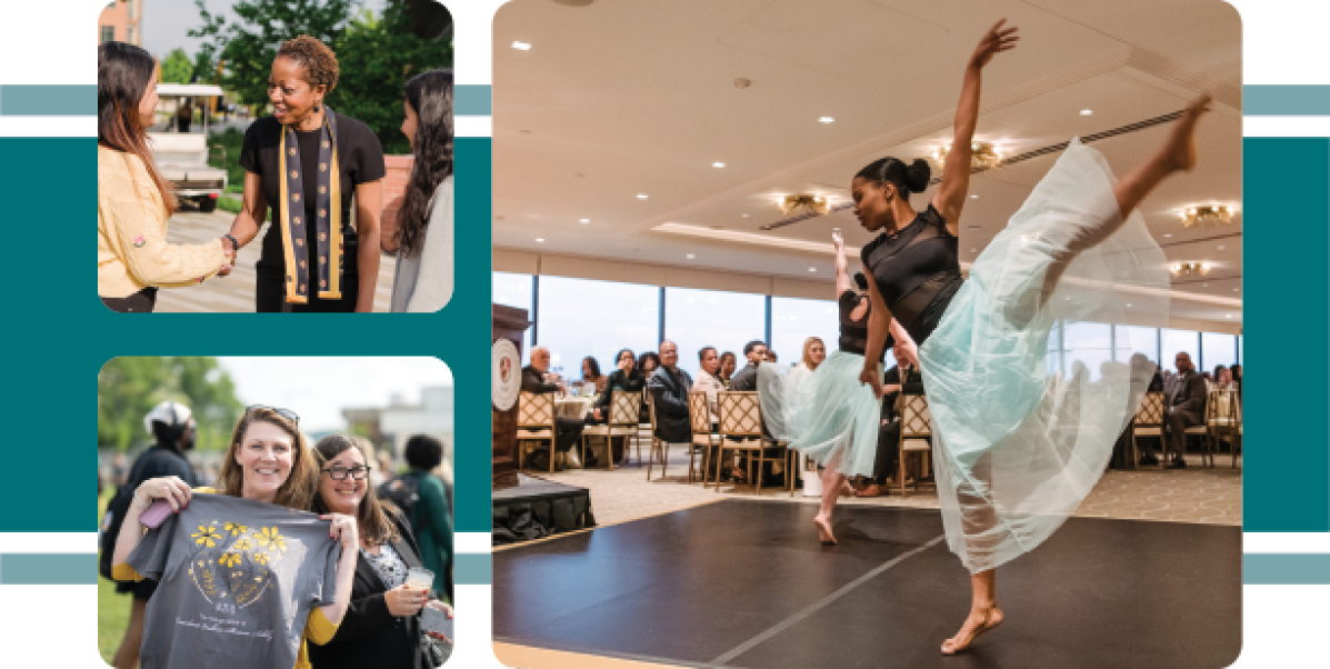 Image collage featuring the UMBC community and Valerie Sheares Ashby. Dancing, and spirit wear.