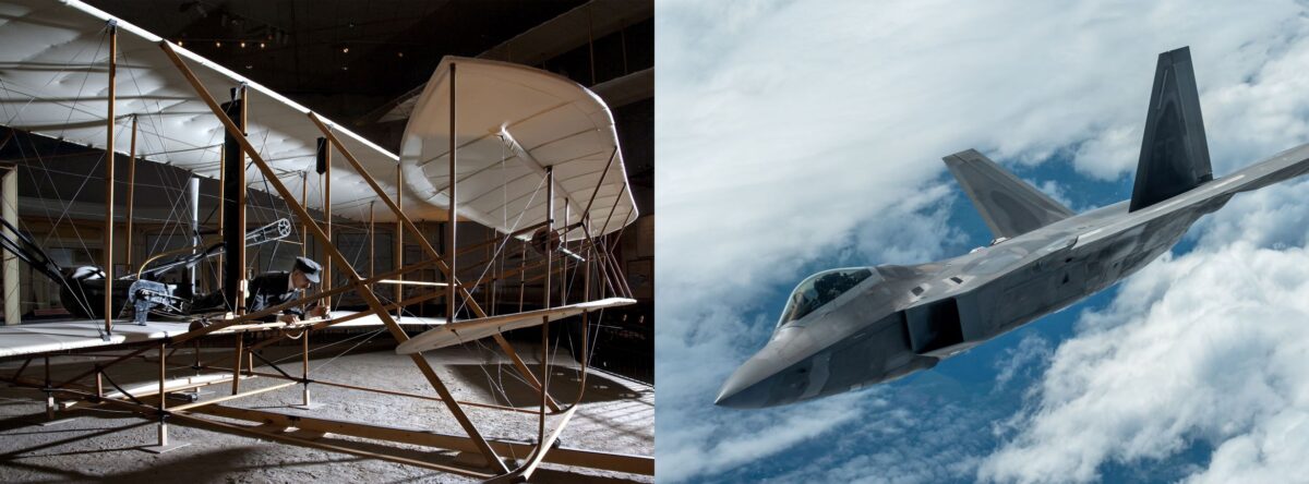 Left side shows 1903 Wright Flyer, right side shows F-22 fighter jet.