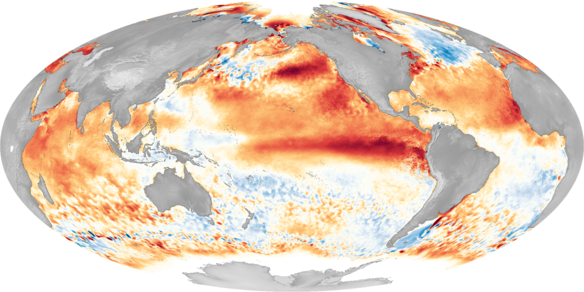 satellite image of the globe; continents are gray and swaths of orange and red swirl in the oceans