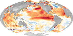 satellite image of the globe; continents are gray and swaths of orange and red swirl in the oceans