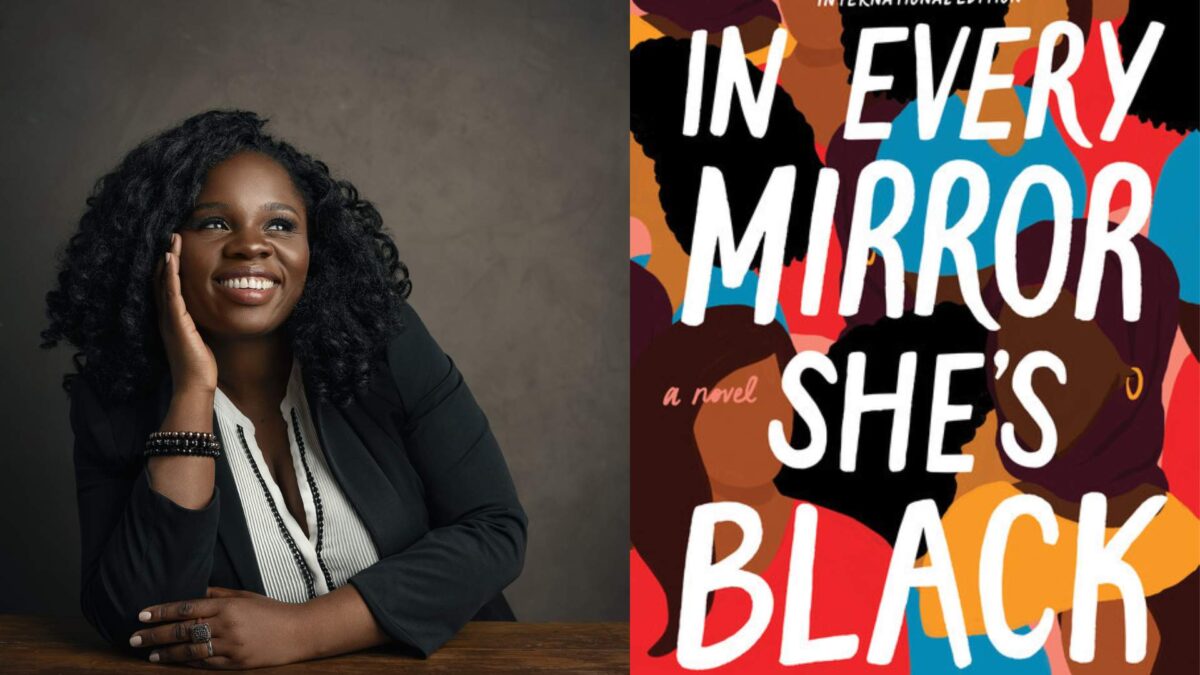 One image with two photos. The first photo is of a woman, an author, smiling looking in the distance. Second image is the cover of the book "In Every Mirror She's Black"