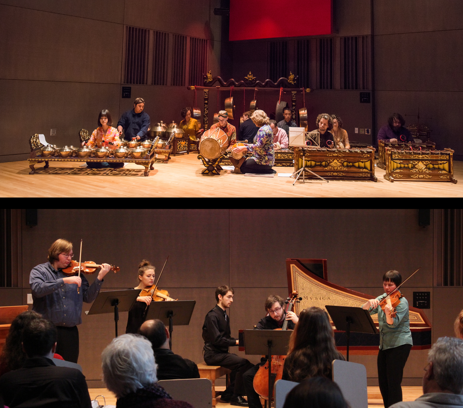 In top and bottom images, musicians perform on instruments