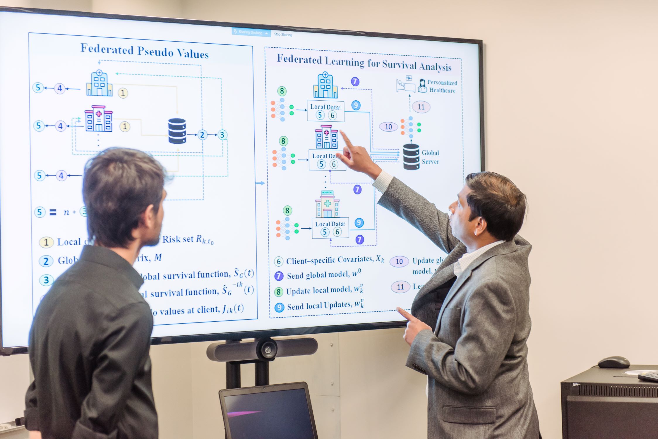 Two people look at screen showing scientific diagrams. One person is pointing.