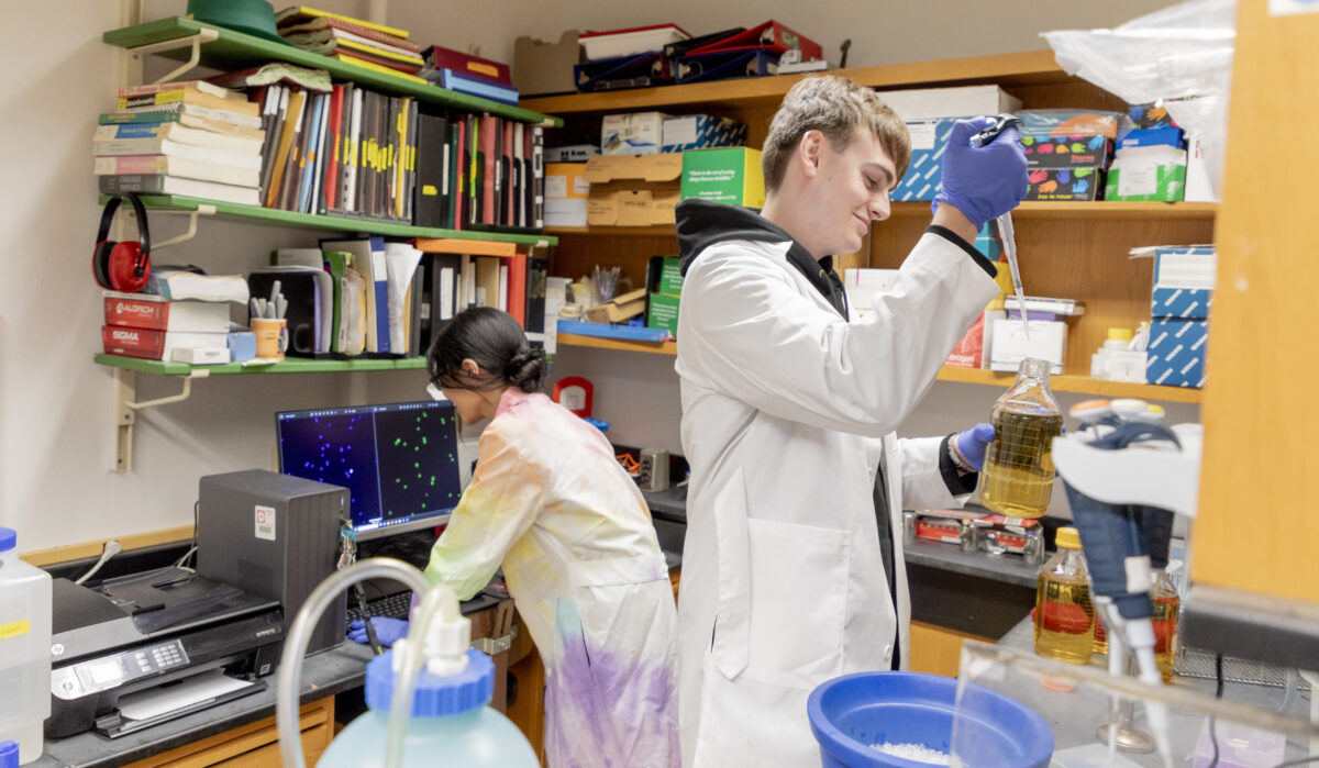 two standing scientists; one leaning over with a hand on the counter looking at a computer screen with green dots; another pipetting something yellow into a large flask. Backed by shelves full of colorful binders and lab supplies.